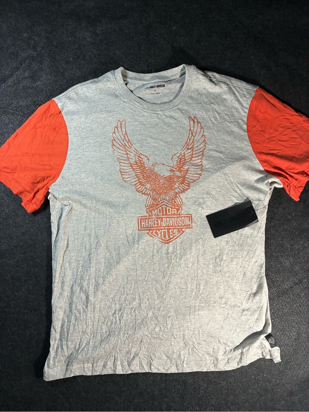 Harley-Davidson Gray Tee with Orange Sleeves and Eagle Graphic